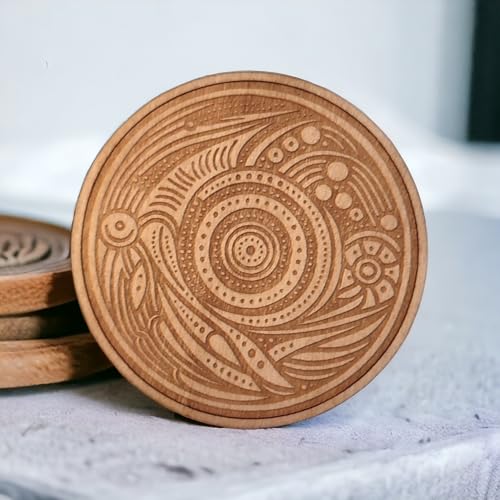 Holzuntersetzer-mit-Aborigine-Mustern-fuer-Getraenke–wunderschoen-gestaltete-Holz-Getraenkeuntersetzer-6-Stueck-fuer-Trinkglaeser-Kaffeetassen-fuer-jeden-Tischtyp-Groesse-89-x-89-cm-0-7