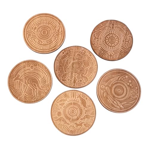 Holzuntersetzer-mit-Aborigine-Mustern-fuer-Getraenke--wunderschoen-gestaltete-Holz-Getraenkeuntersetzer-6-Stueck-fuer-Trinkglaeser-Kaffeetassen-fuer-jeden-Tischtyp-Groesse-89-x-89-cm-0