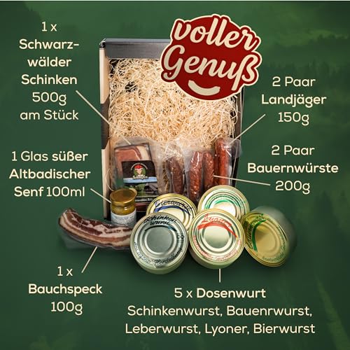 Schwarzwald-Metzgerei-Geschenkset-Dosenwurst-und-mehr-mit-verschiedenen-Wurtsspezialitaeten-Altbadischem-Senf-Schinken-und-Speck-10-teilig-0-1