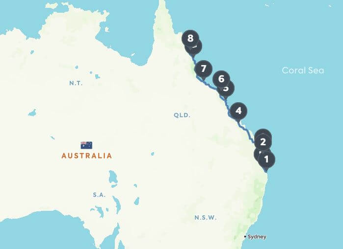 Roadtrip Brisbane - Cairns Karte