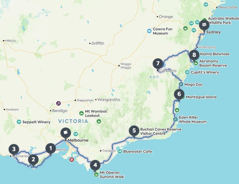 Roadtrip Melbourne - Sydney Karte