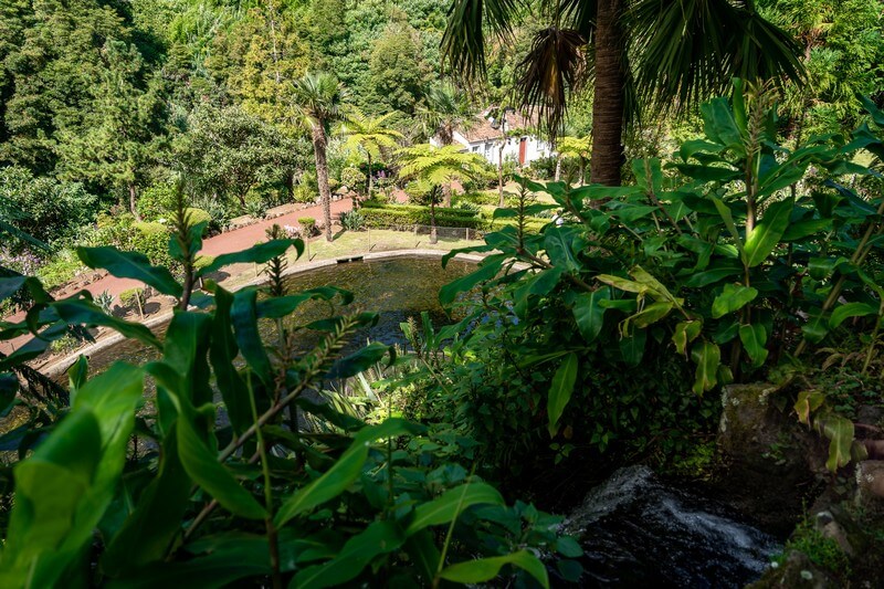 Blick auf den Botanical Garden of Ribeira do Guilherme von oben