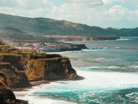Praia do Violo on Sao Miguel from a distance with the village of Maia in the background