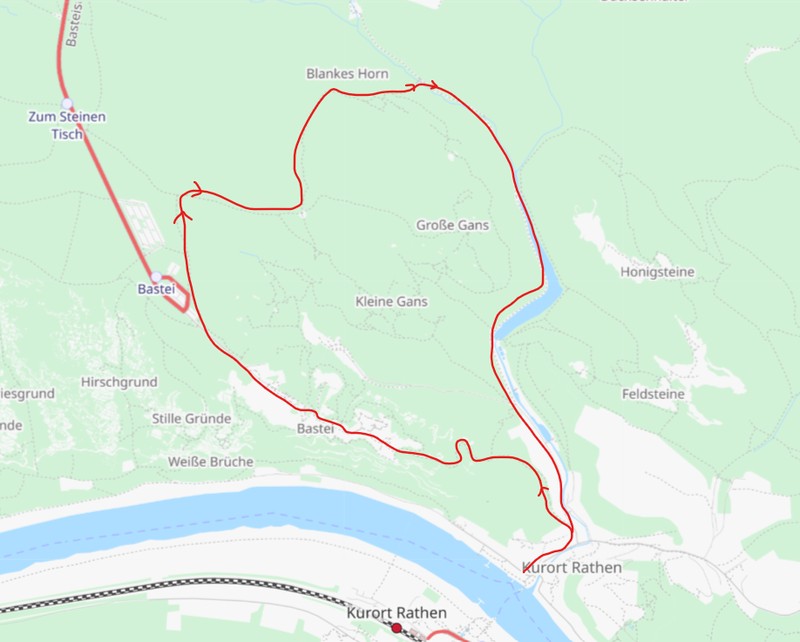 Karte von Rathen und Umgebung mit ausgezeichnetem Wanderweg