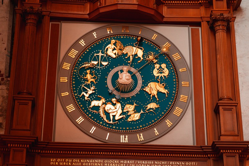 Clock face of the astronomical clock in St Mary's Church in Lübeck.