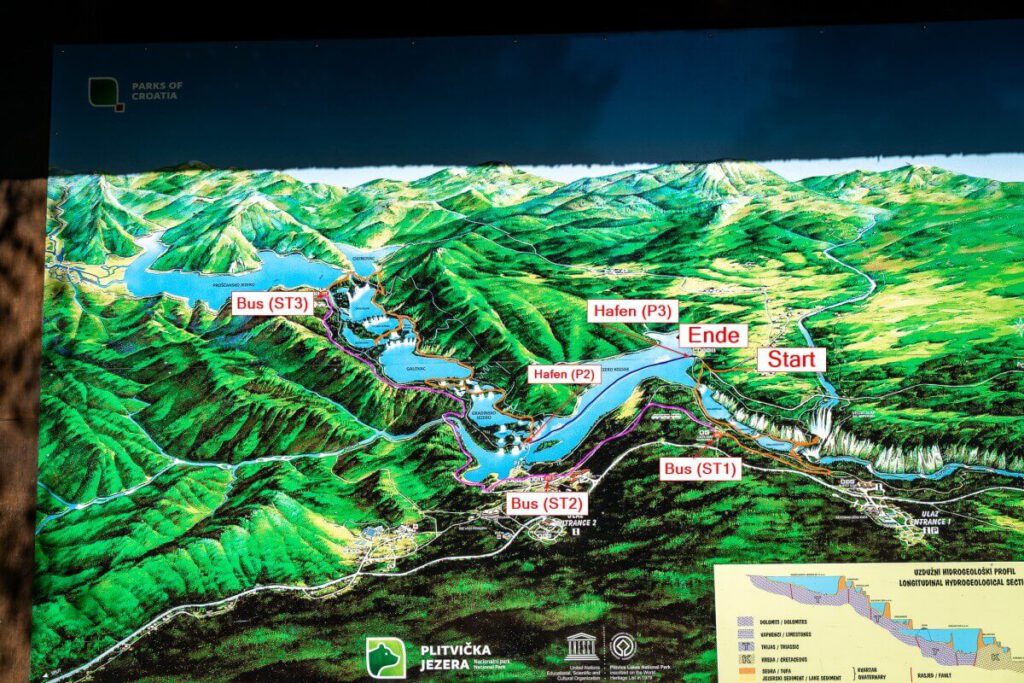 Karte des Nationalpark Plitvicer Seen mit eingezeichneter Tages-Route