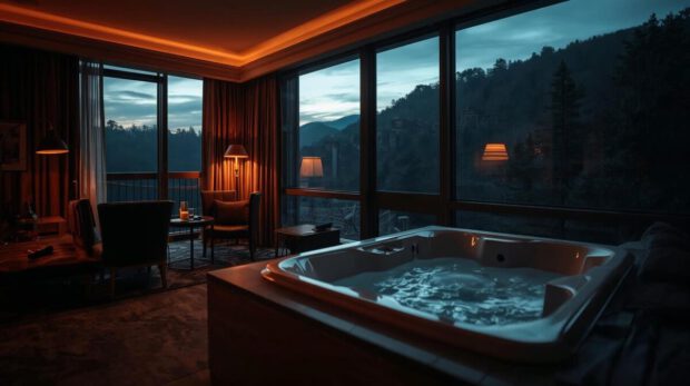 KI generiertes Bild eines gemütlichen Hotelzimmers mit Whirlpool und Blick aus dem Fenster