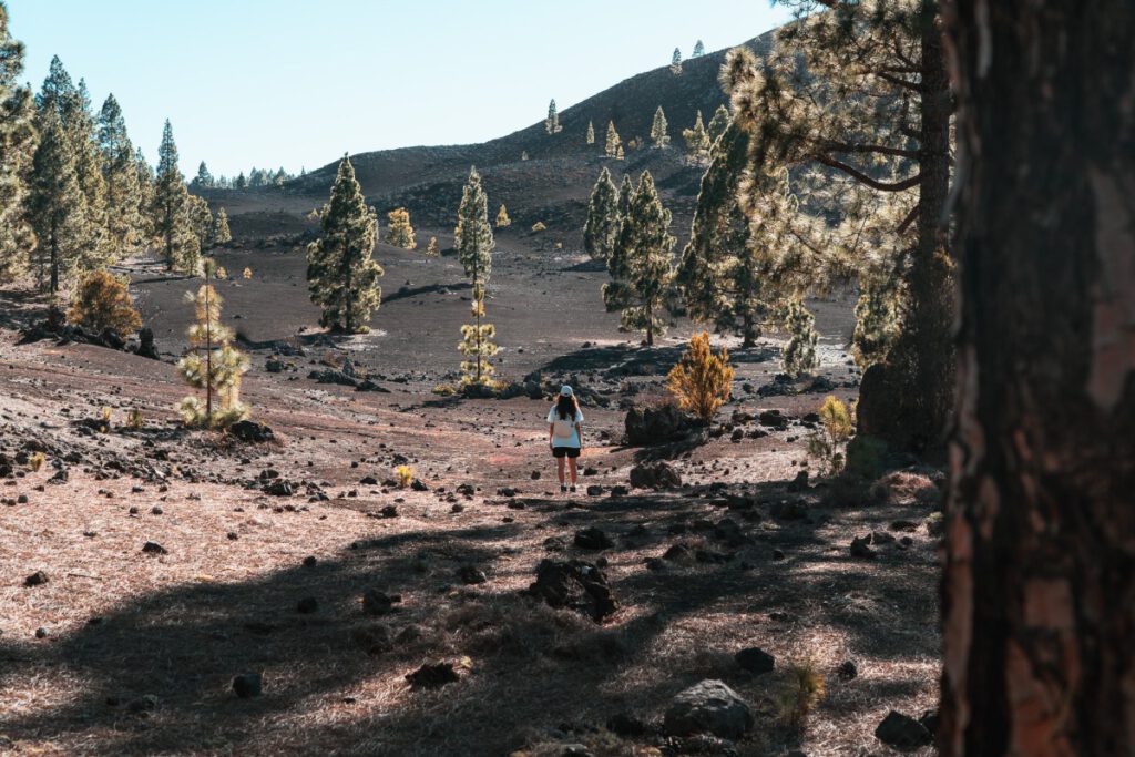 Frau steht am Montana Negras auf schwarzem Vulkansand