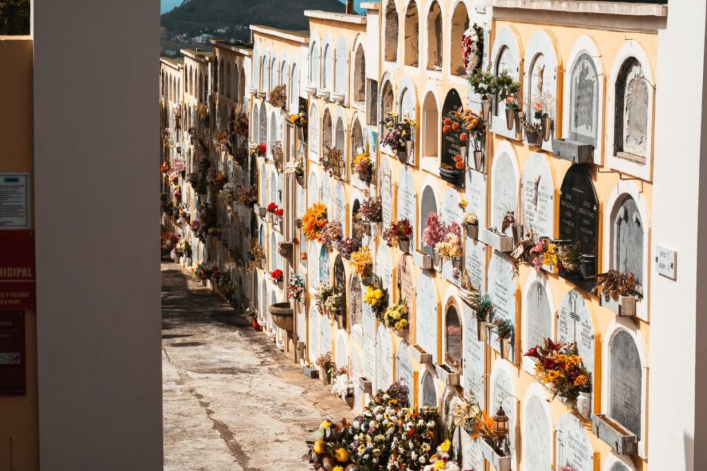 mit BLumen verzierte Gräber im Friedhof von La Orotava