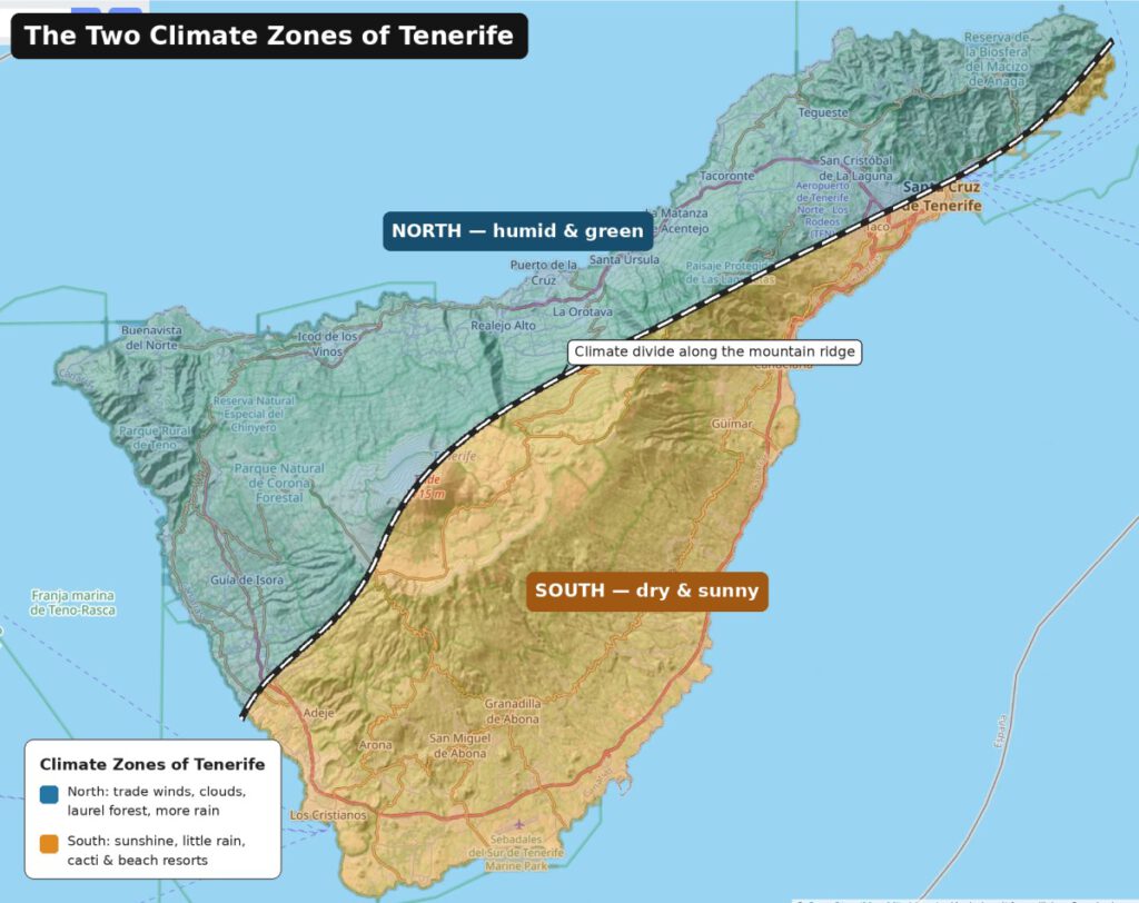 Graphic of Tenerife showing the rough boundaries of the climate divide between north and south