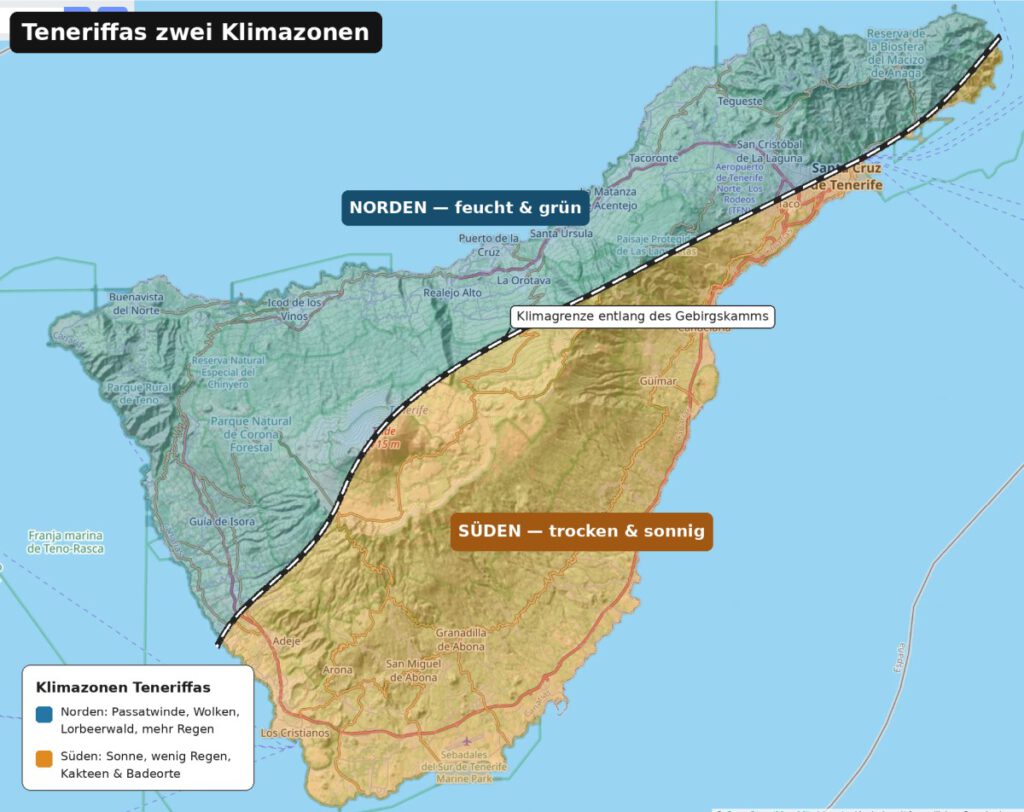 Grafik von Teneriffa mit der groben Eingrenzung der Klimagrenze zwischen Nord und Süd