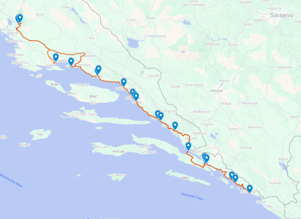 Abbildung der Route Split Dubrovnik mit Zwischenstopps